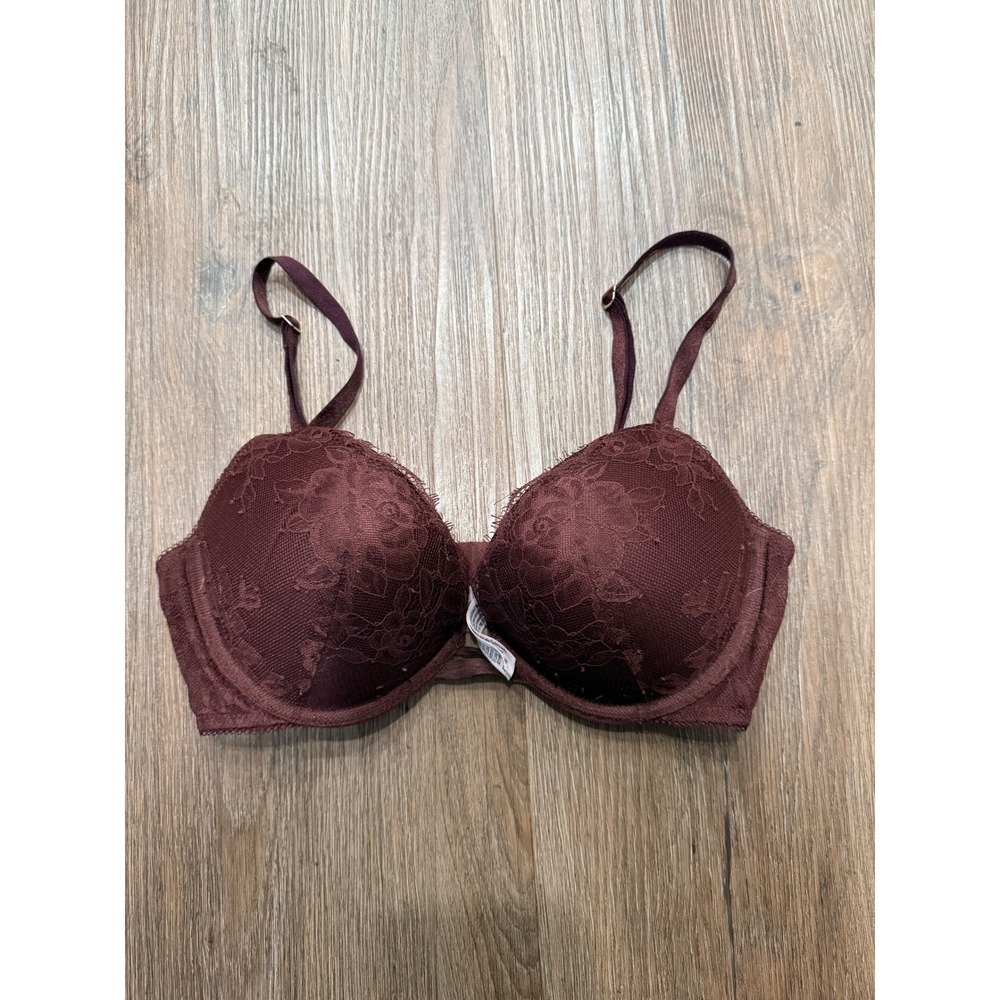 Victoria's Secret Burgundy Floral Lace Push-Up Bra‎ 32C Maroon Underwire 3495